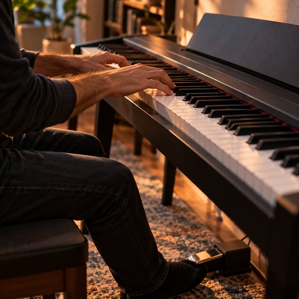 Manos tocando las teclas de un piano digital con pedal de sustain