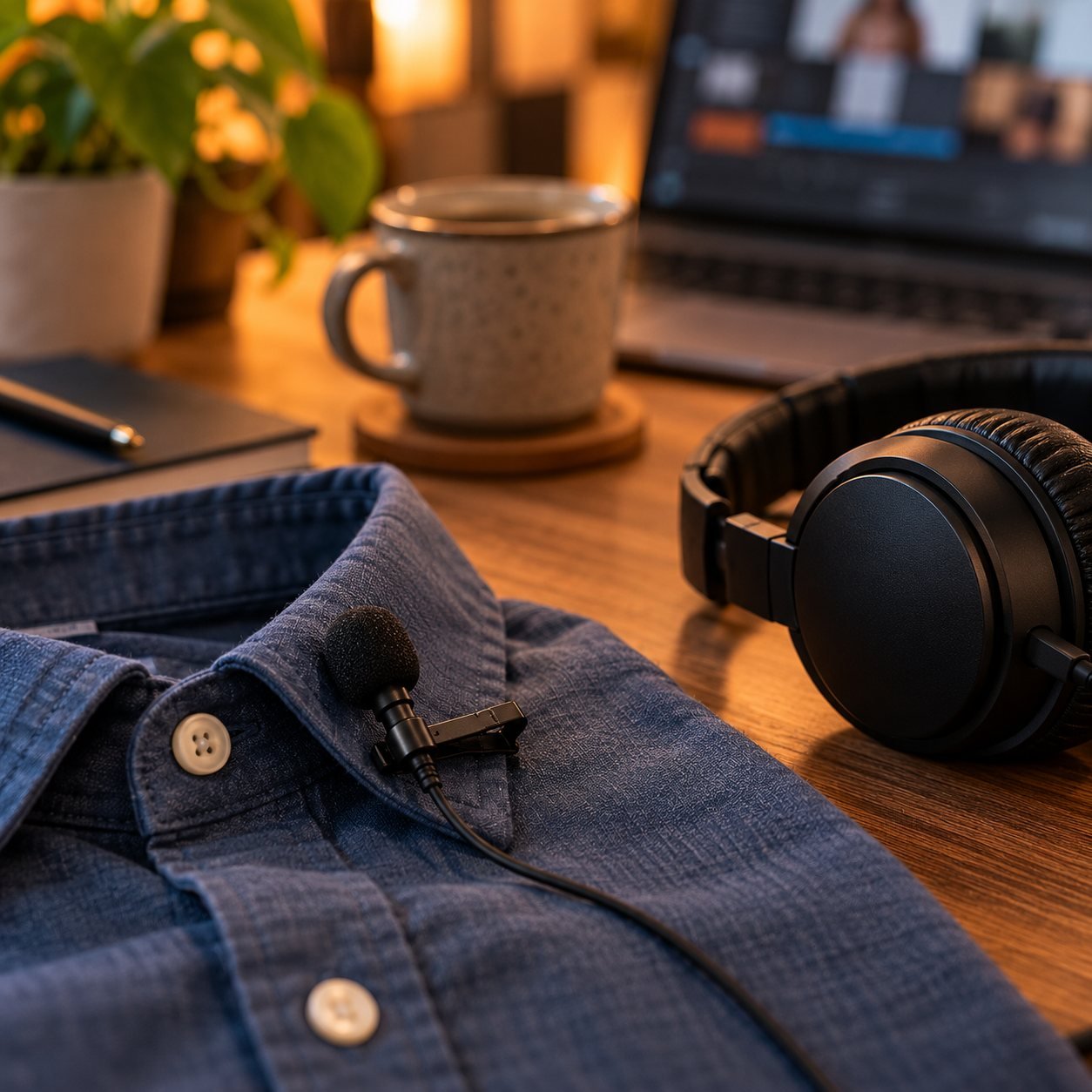 Micrófono de solapa sobre una camisa junto a unos auriculares cerrados