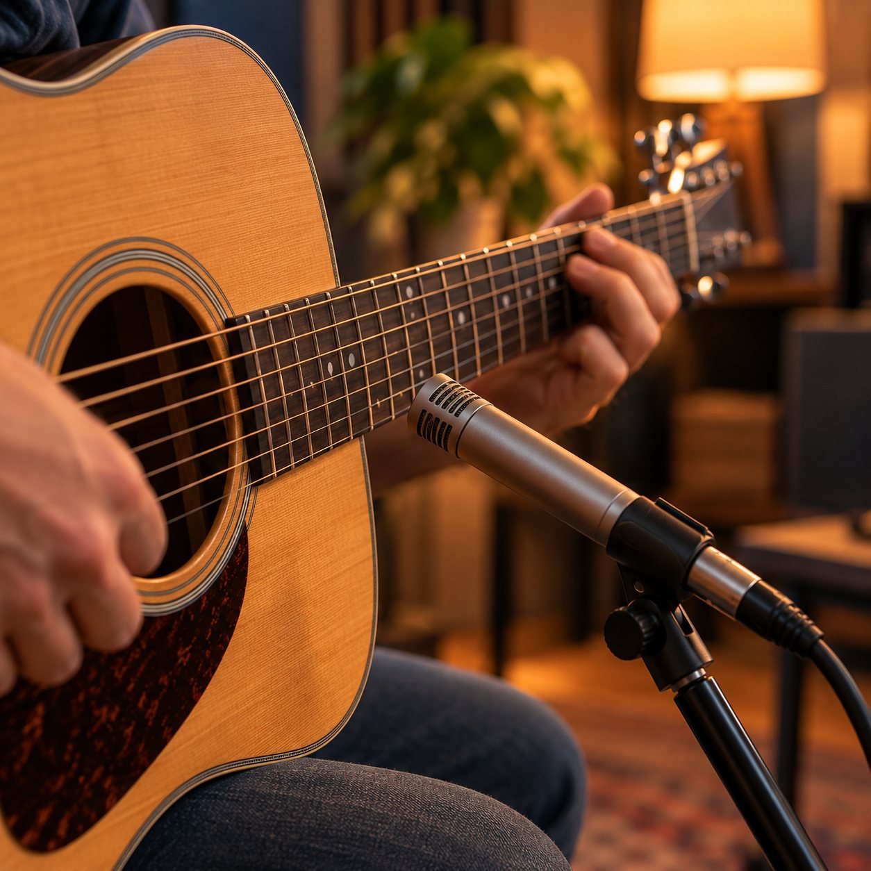 Micrófono apuntando hacia el traste 12 de una guitarra acústica