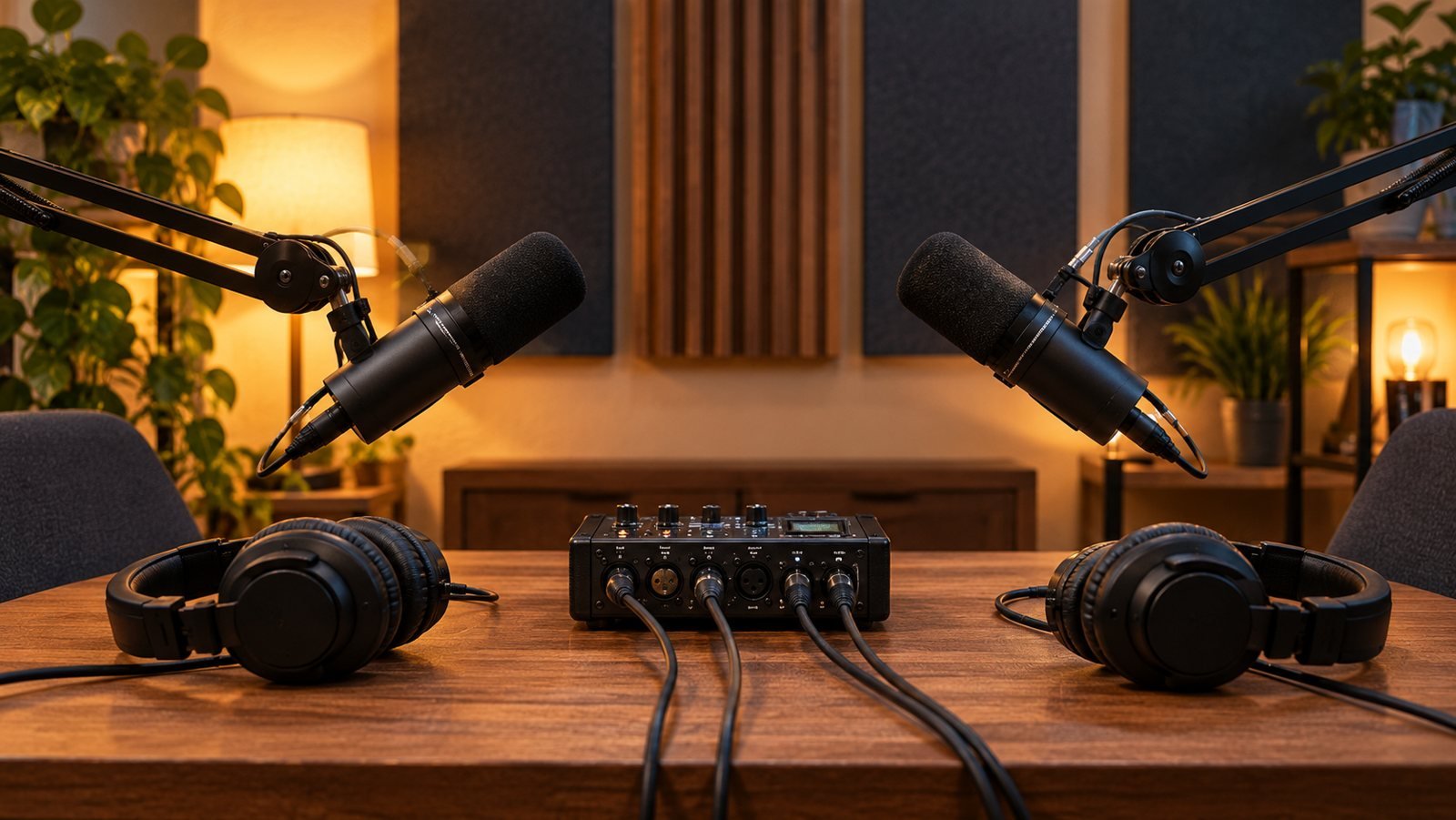 Dos micrófonos dinámicos en brazos con una grabadora de podcast sobre una mesa de madera