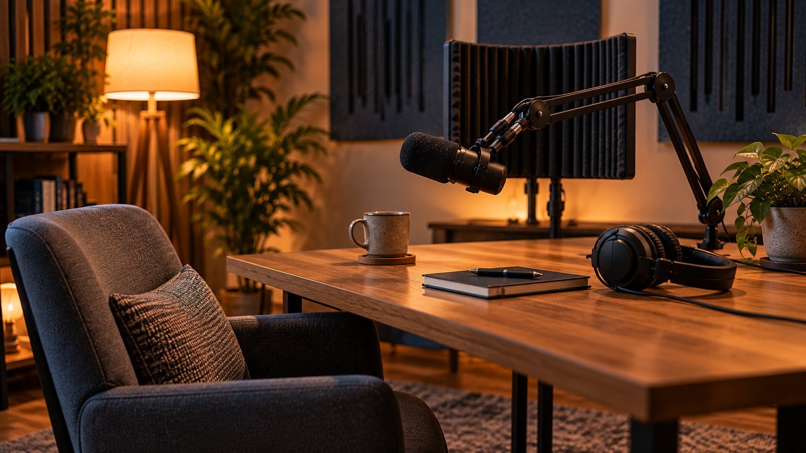 Mesa de madera con sillas sin ruedas y brazos de micrófono en un estudio de podcast
