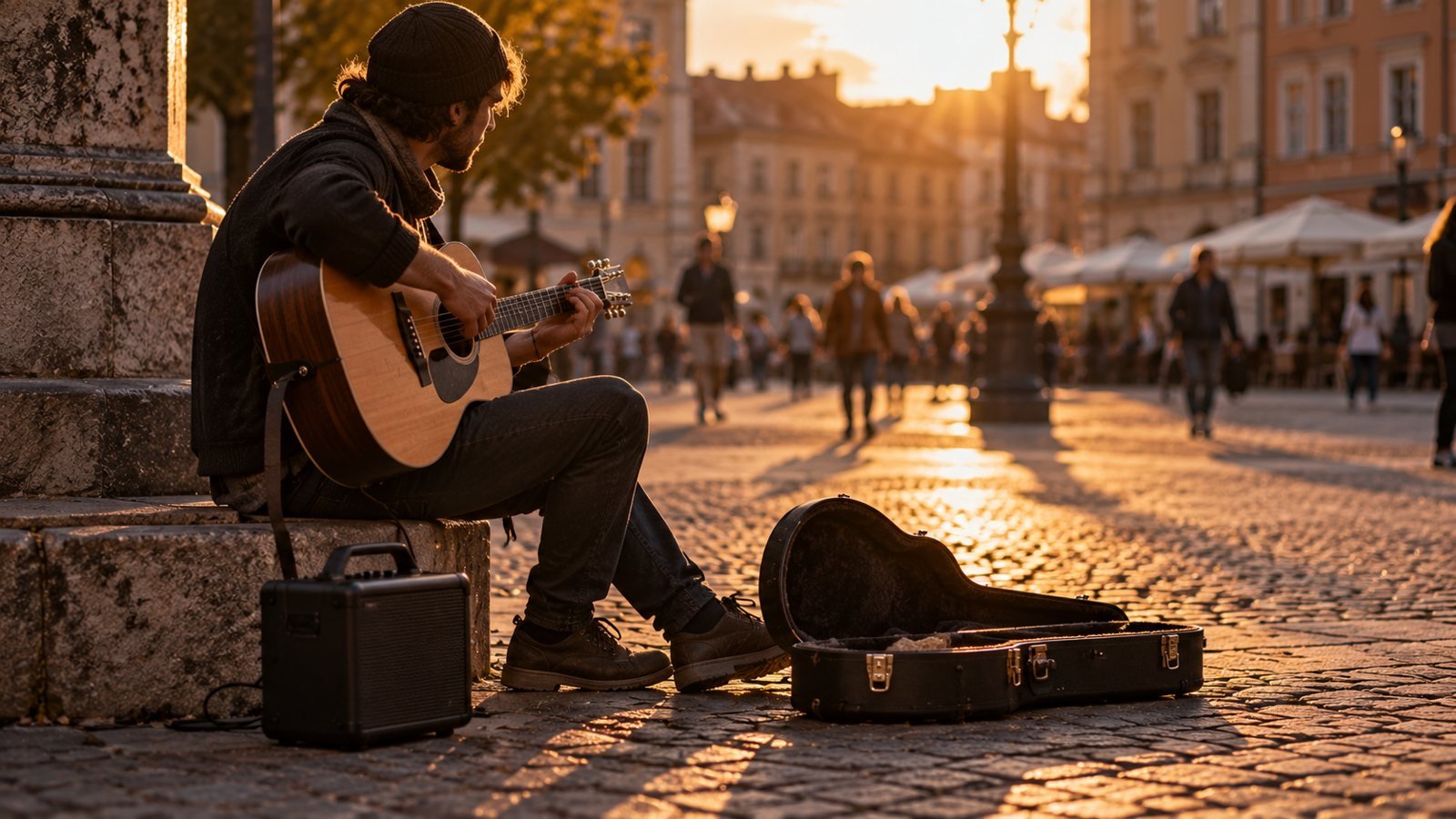 Músico callejero con guitarra y amplificador a pilas en una plaza al atardecer