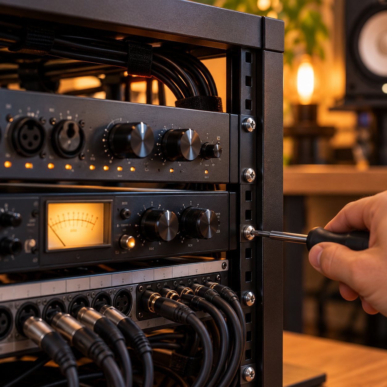 Detalle de las orejas y tornillos de un rack de 19 pulgadas con cables
