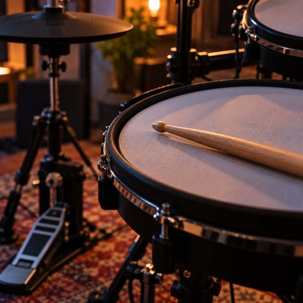 Parche de malla de una batería electrónica con baqueta y pedal de hi-hat