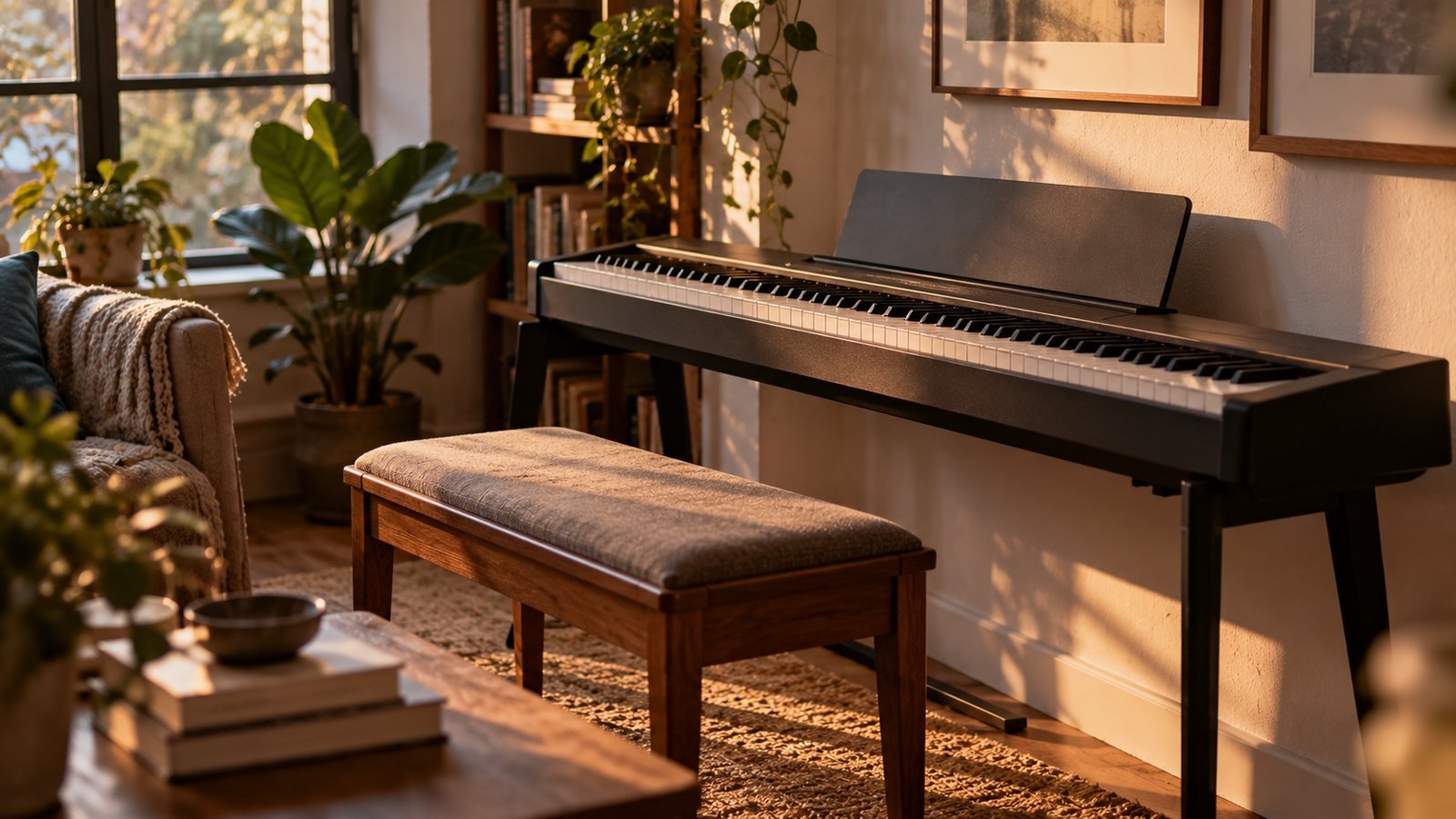 Piano digital delgado con banco de madera en un salón luminoso