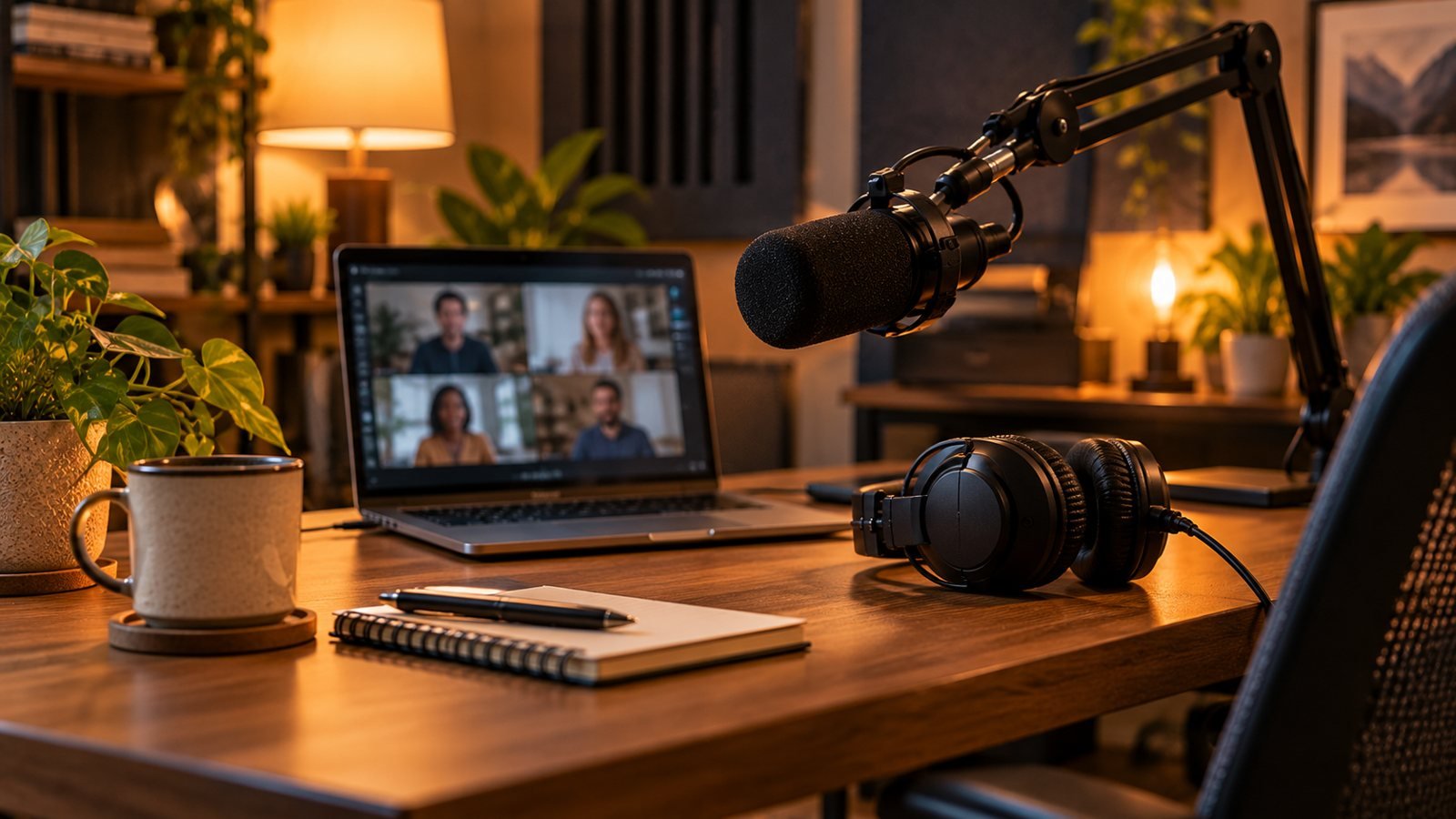 Mesa de podcaster con portátil en videollamada con invitados
