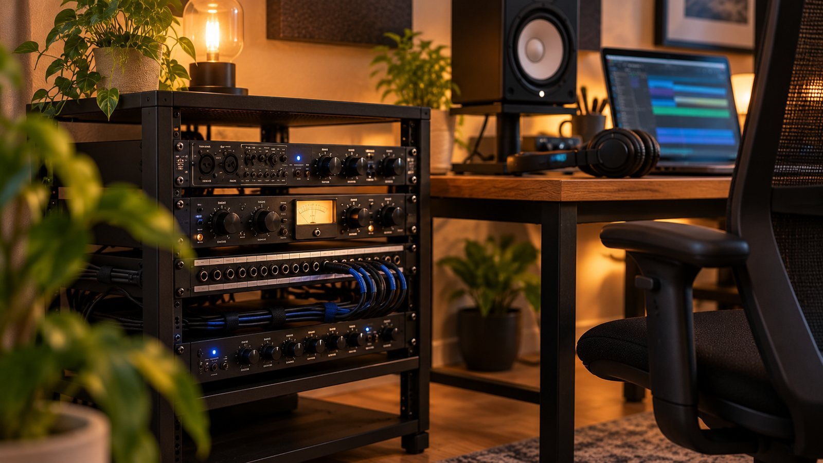 Rack abierto de 19 pulgadas con previos y compresor en un home studio