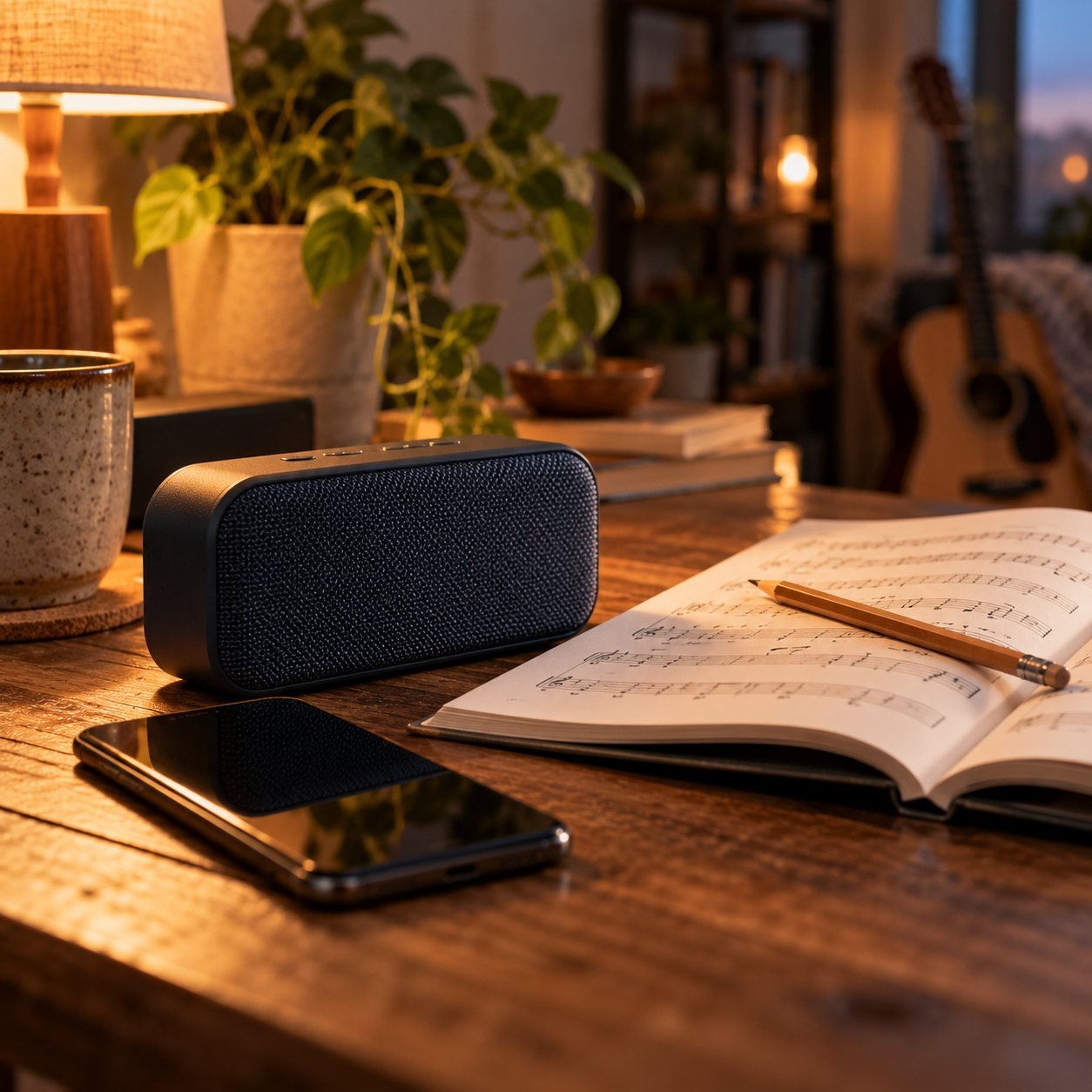 Móvil con la pantalla apagada junto a un altavoz Bluetooth y una partitura abierta