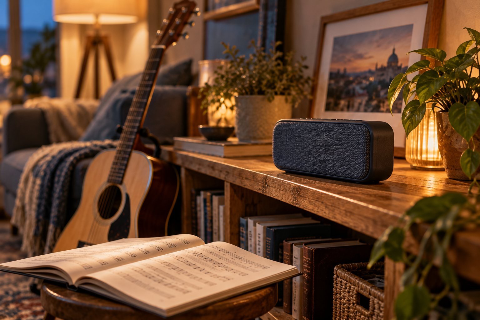Altavoz Bluetooth sobre una estantería junto a una guitarra acústica y una partitura abierta