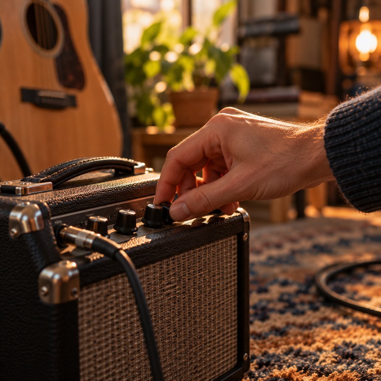 Mano girando el mando de volumen de un amplificador portátil de guitarra