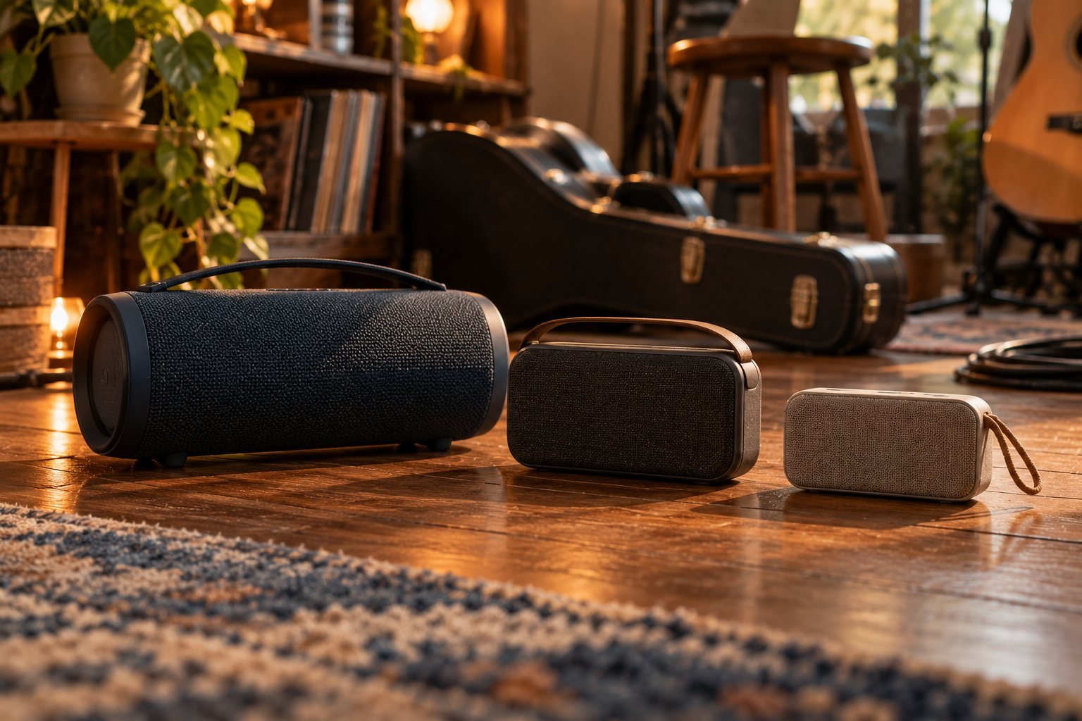 Tres altavoces portátiles de distintos tamaños en una sala de ensayo con una funda de guitarra