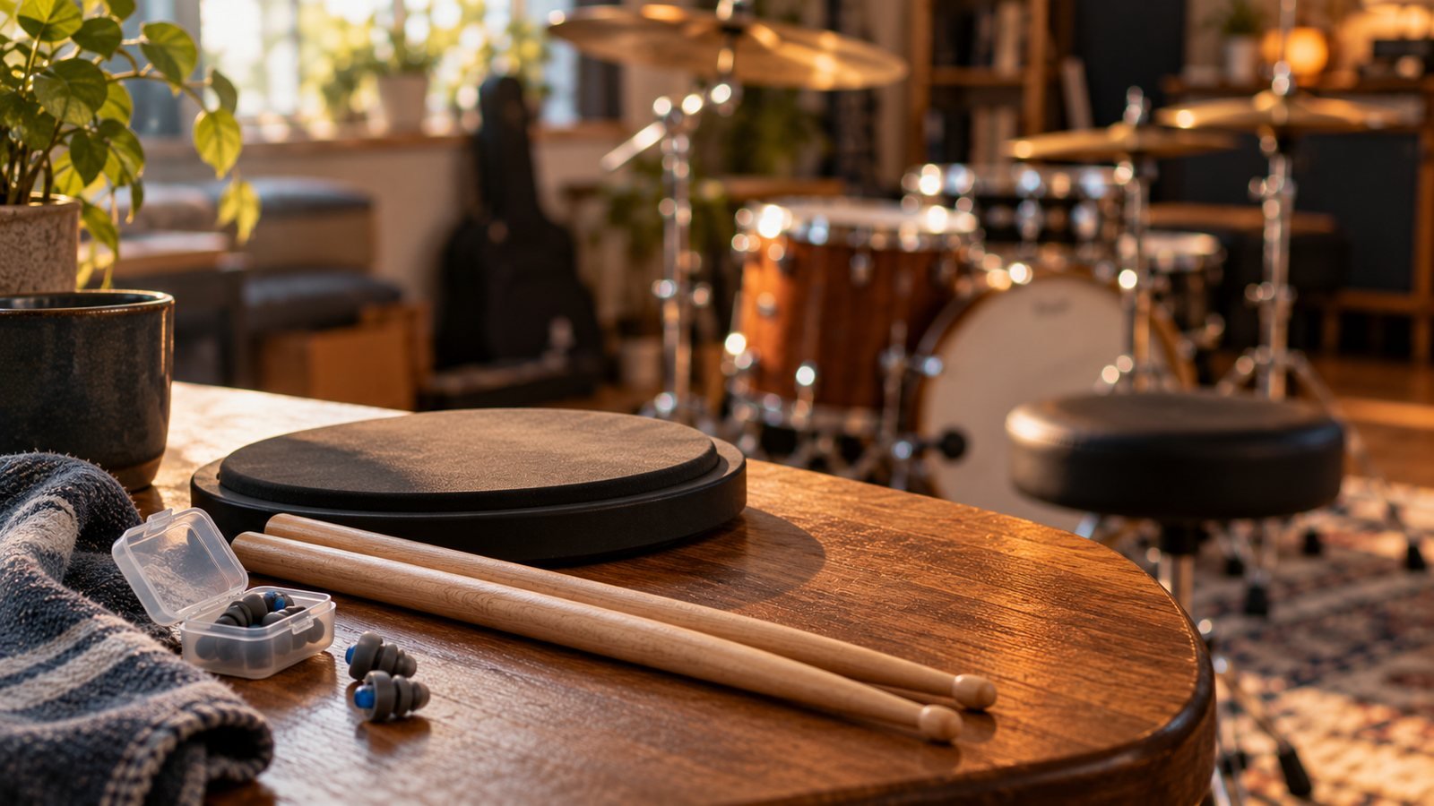 Accesorios de batería sobre una mesa de madera en un estudio acogedor