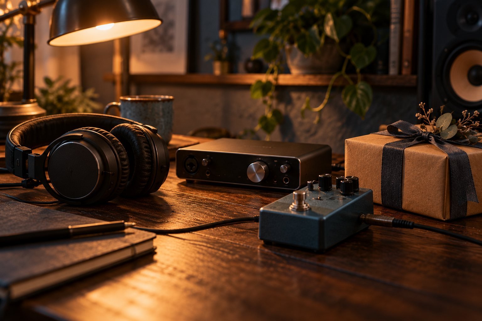 Auriculares de estudio, interfaz de audio, pedal de guitarra y regalo con lazo sobre un escritorio de madera oscura