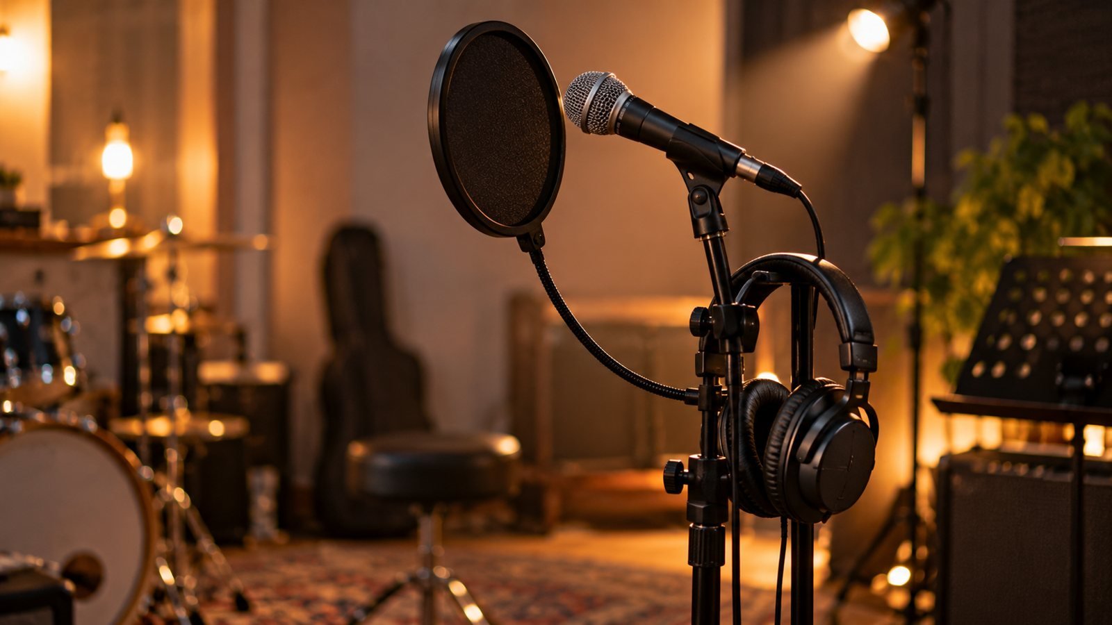 Micrófono con filtro antipop y auriculares en un estudio musical acogedor
