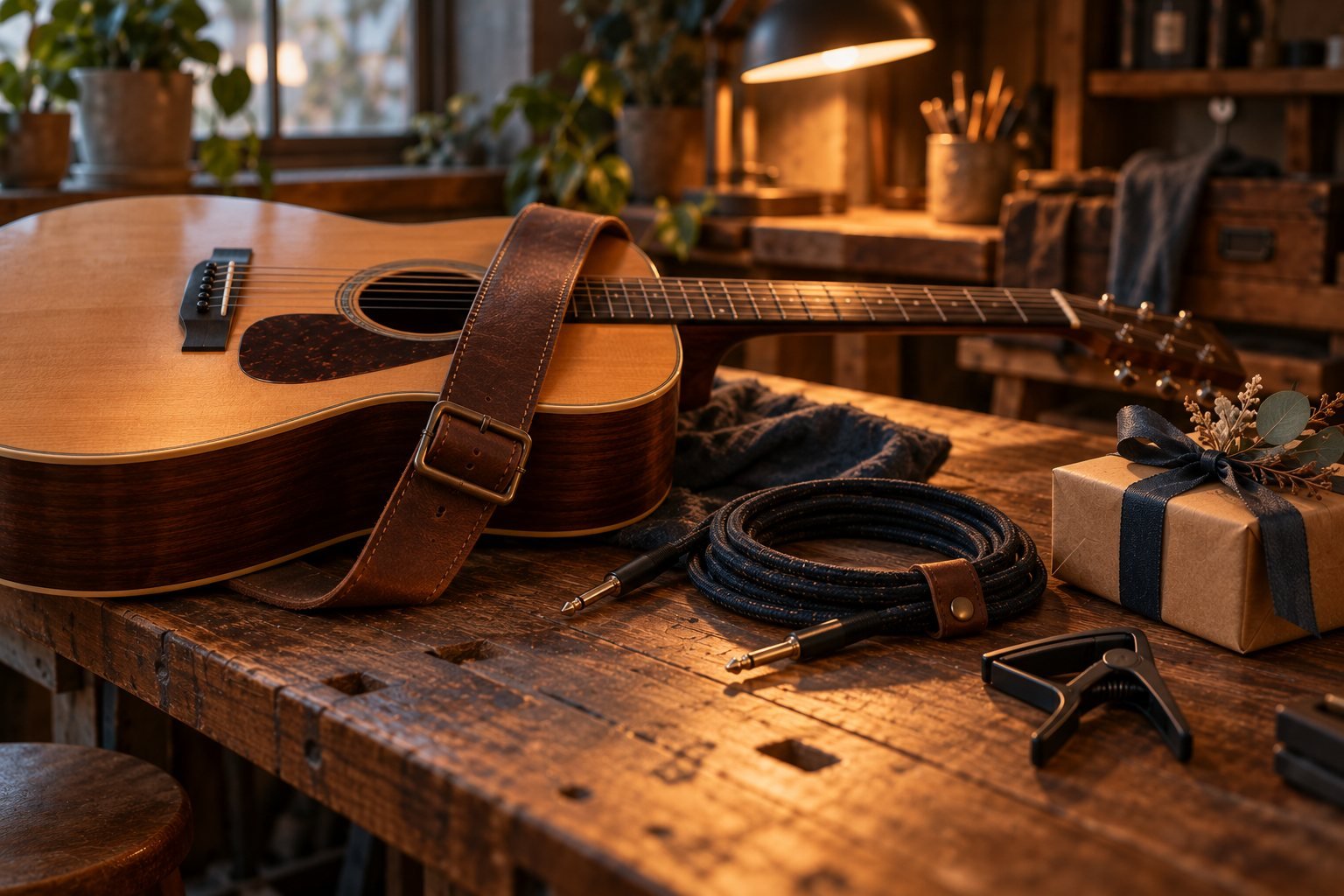 Guitarra acústica con correa de cuero, cejilla, cable y regalo en un banco de taller rústico
