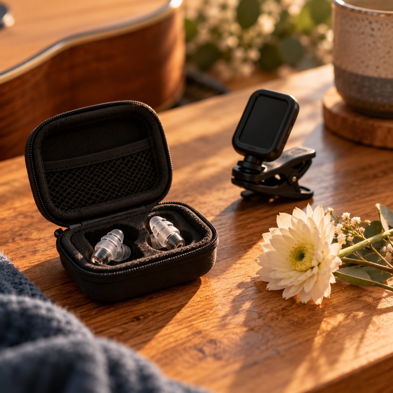 Estuche con auriculares in-ear y afinador sobre una mesa de madera junto a una flor
