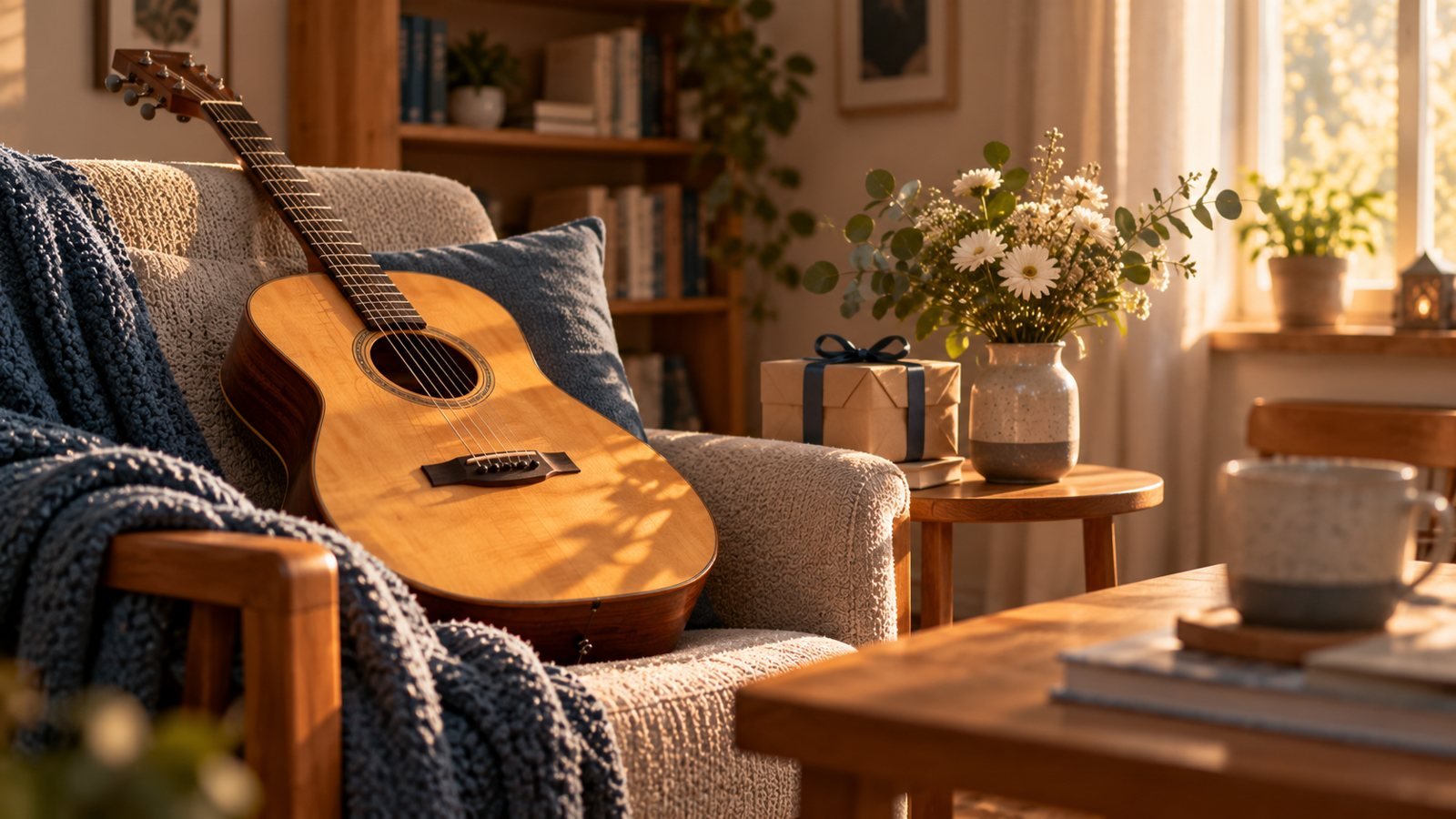 Guitarra acústica en un sillón junto a flores en un salón acogedor