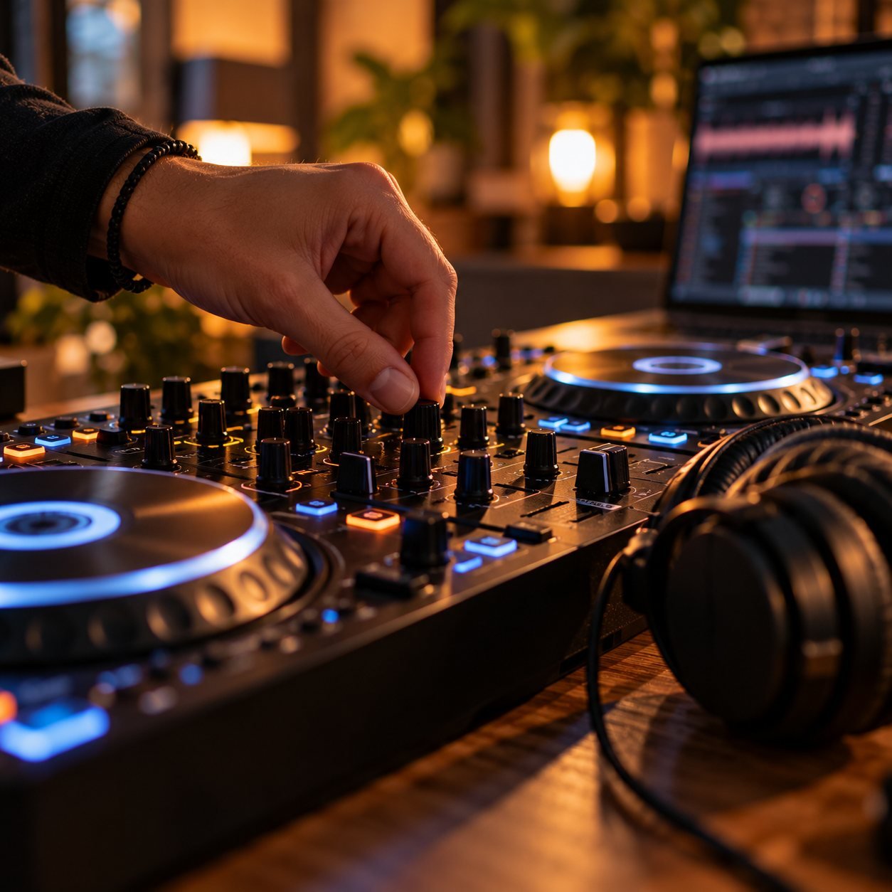 Mano ajustando los controles de un mezclador de DJ