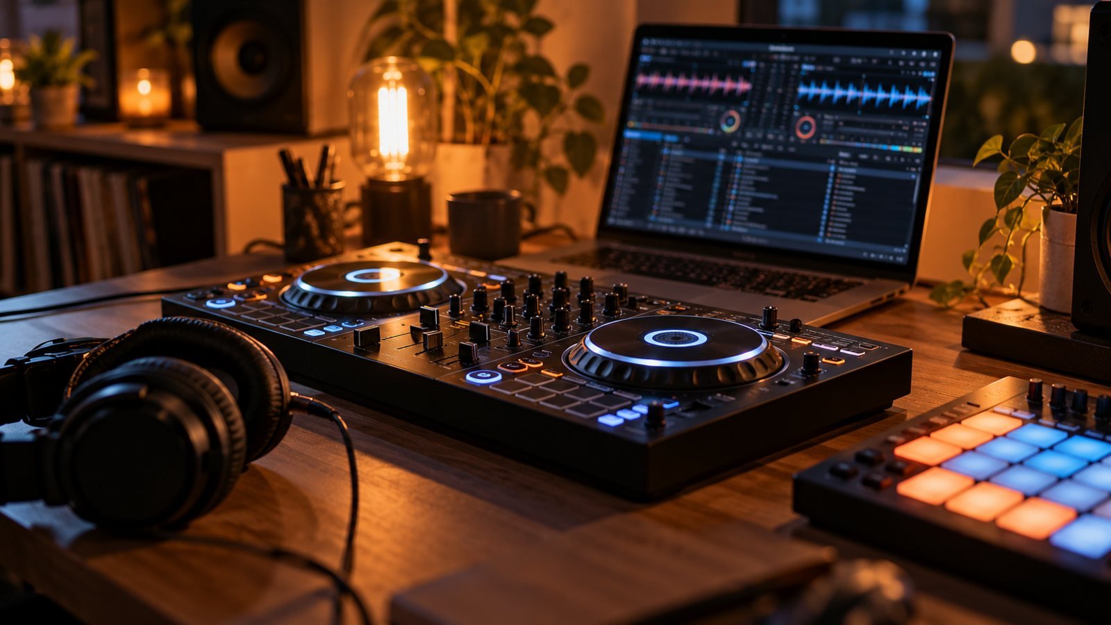 Controlador de DJ con portátil y auriculares en un estudio acogedor