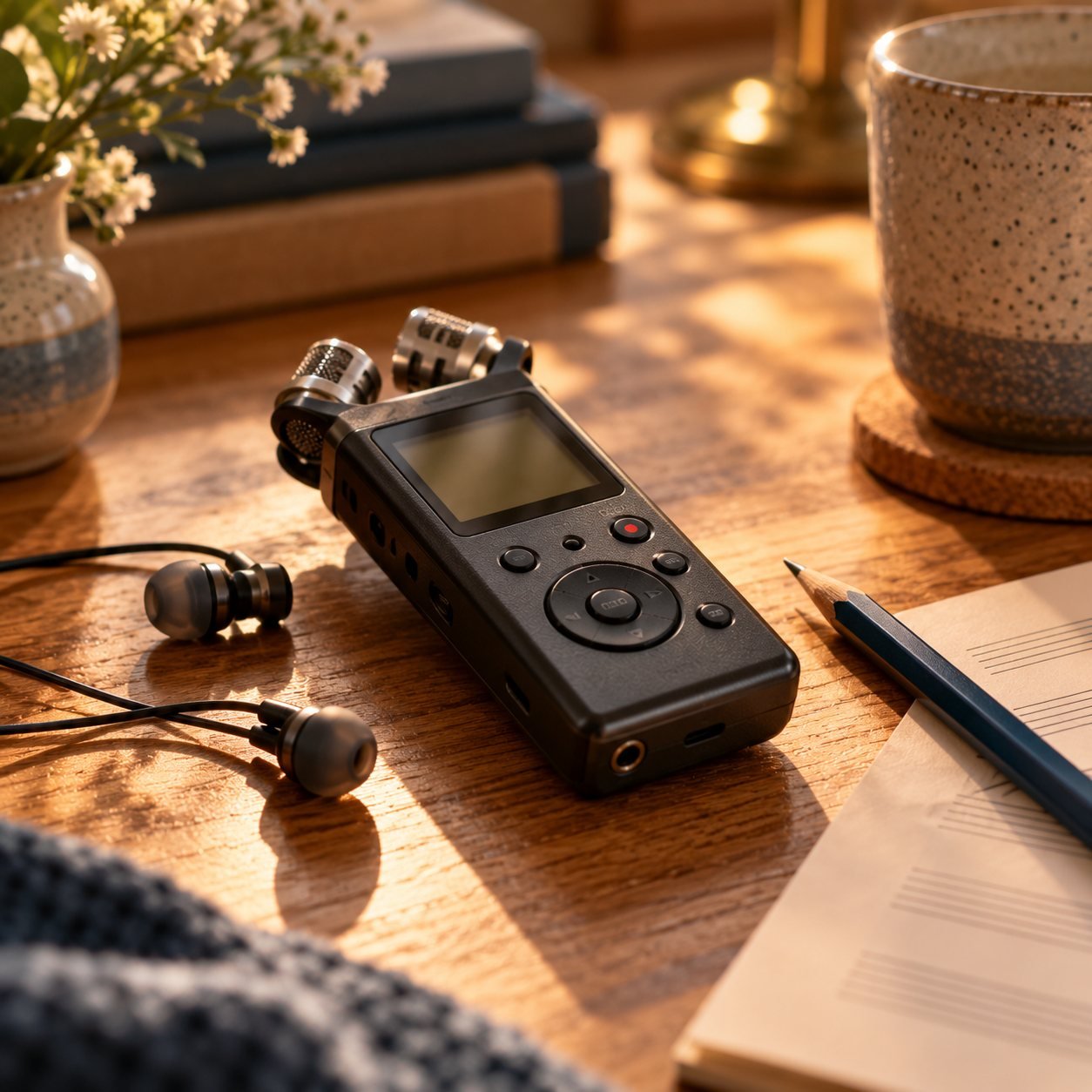 Grabadora de audio portátil y auriculares sobre un escritorio