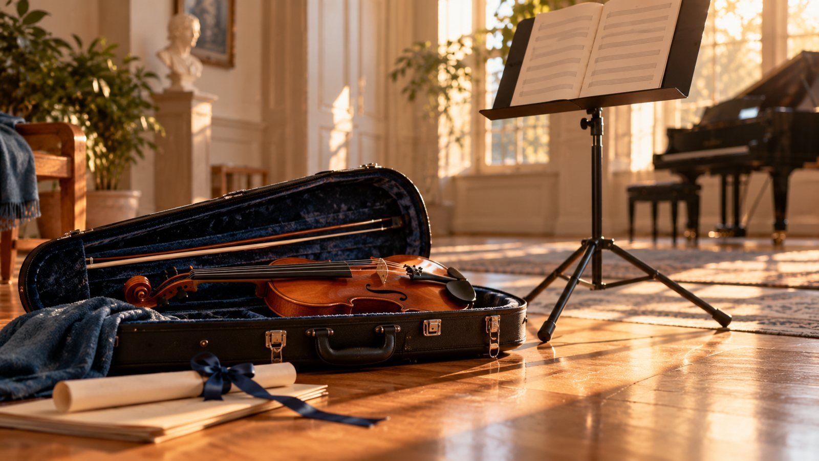 Violín en su estuche junto a un atril en una sala de música