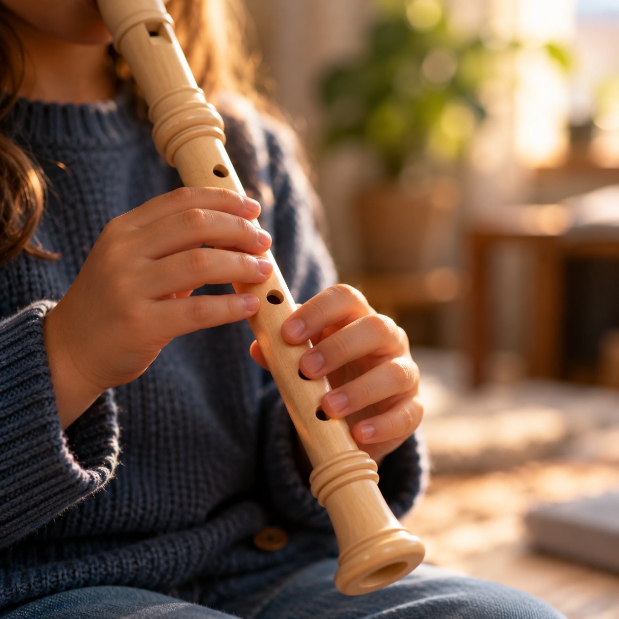 Niña tocando la flauta dulce bajo una luz cálida