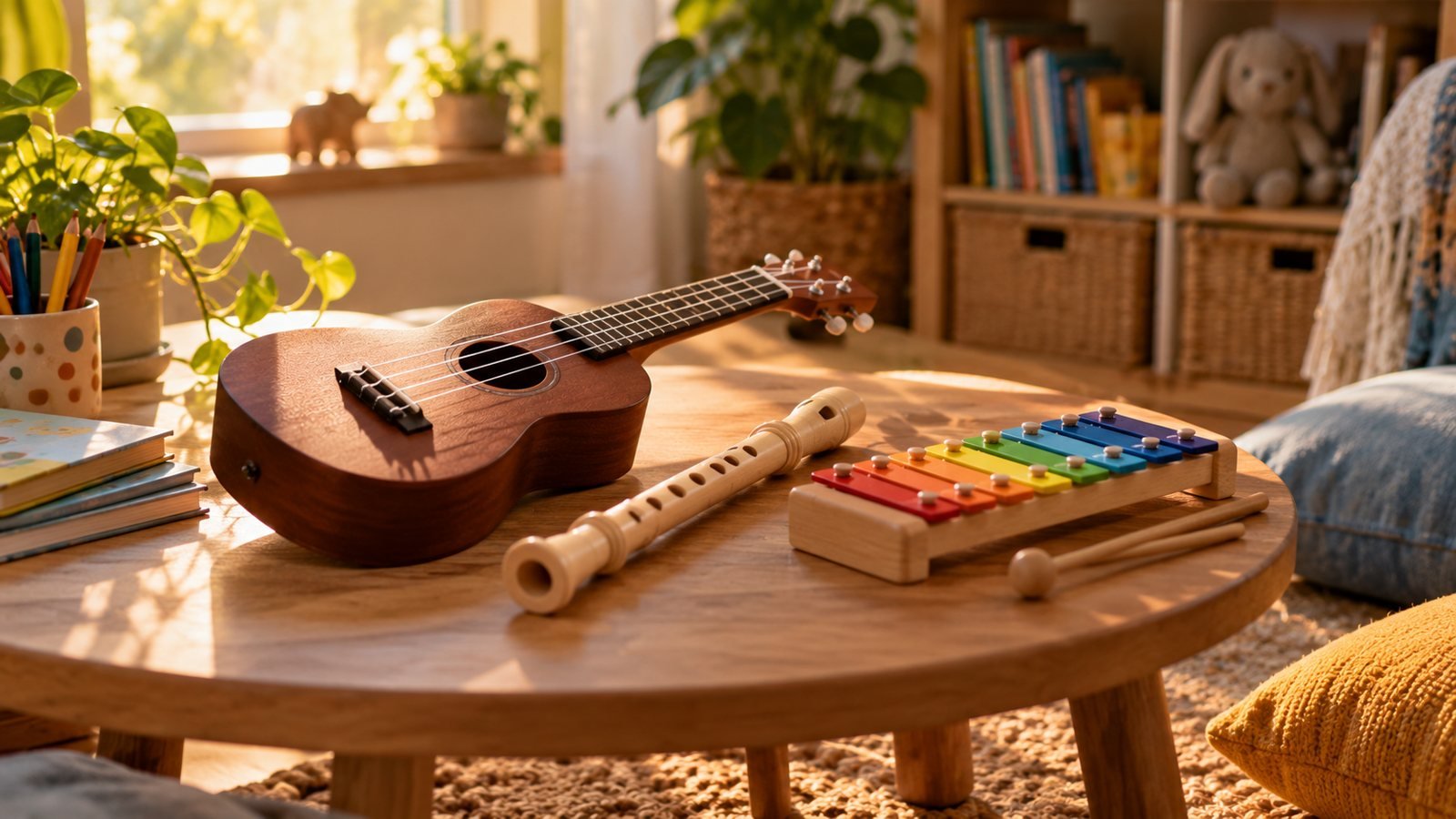 Ukelele, flauta y xilófono sobre una mesa en un rincón musical infantil
