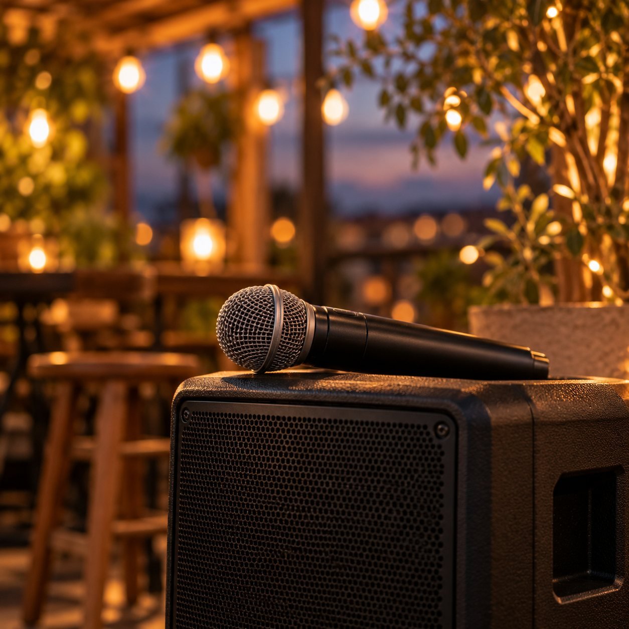 Micrófono inalámbrico de mano sobre un altavoz portátil con luces cálidas al fondo