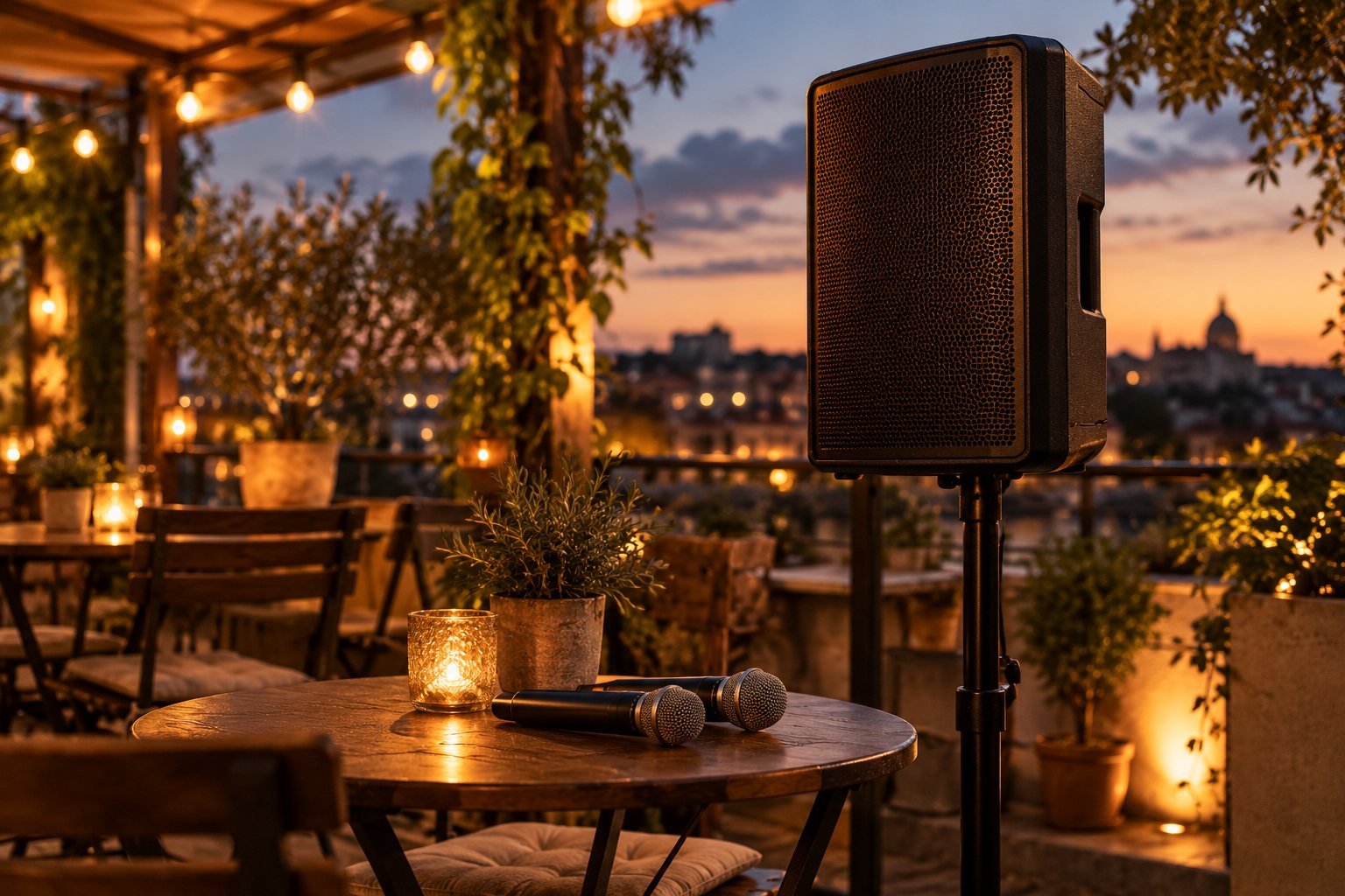 Altavoz PA en pie y micrófonos inalámbricos en una terraza de cafetería al anochecer