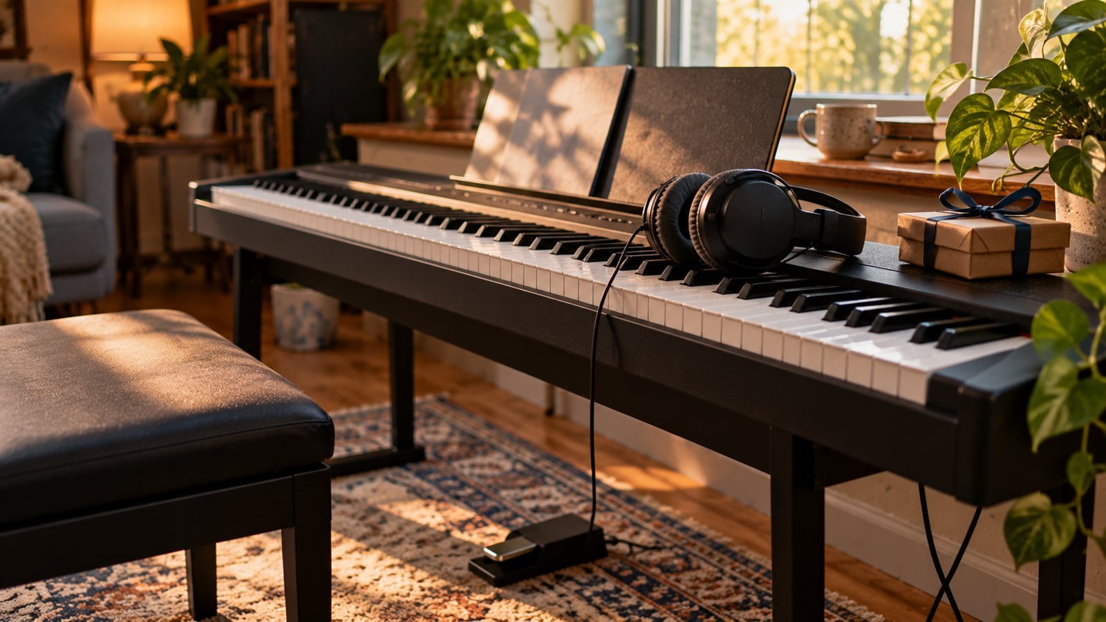 Piano digital con auriculares y banqueta en un rincón musical acogedor