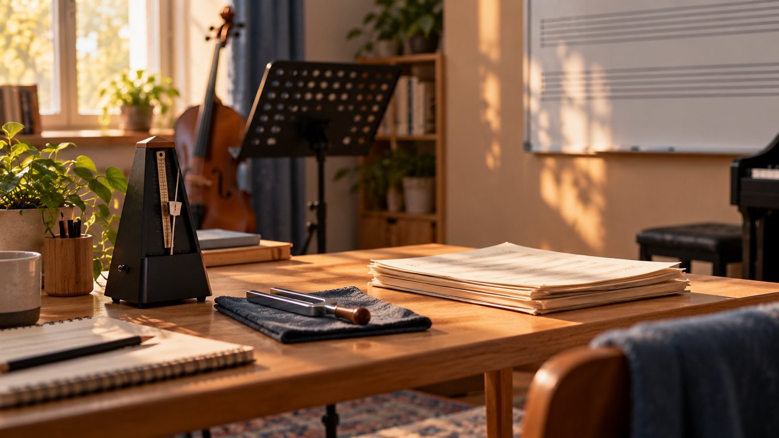 Metrónomo, atril y partituras en un aula de música soleada