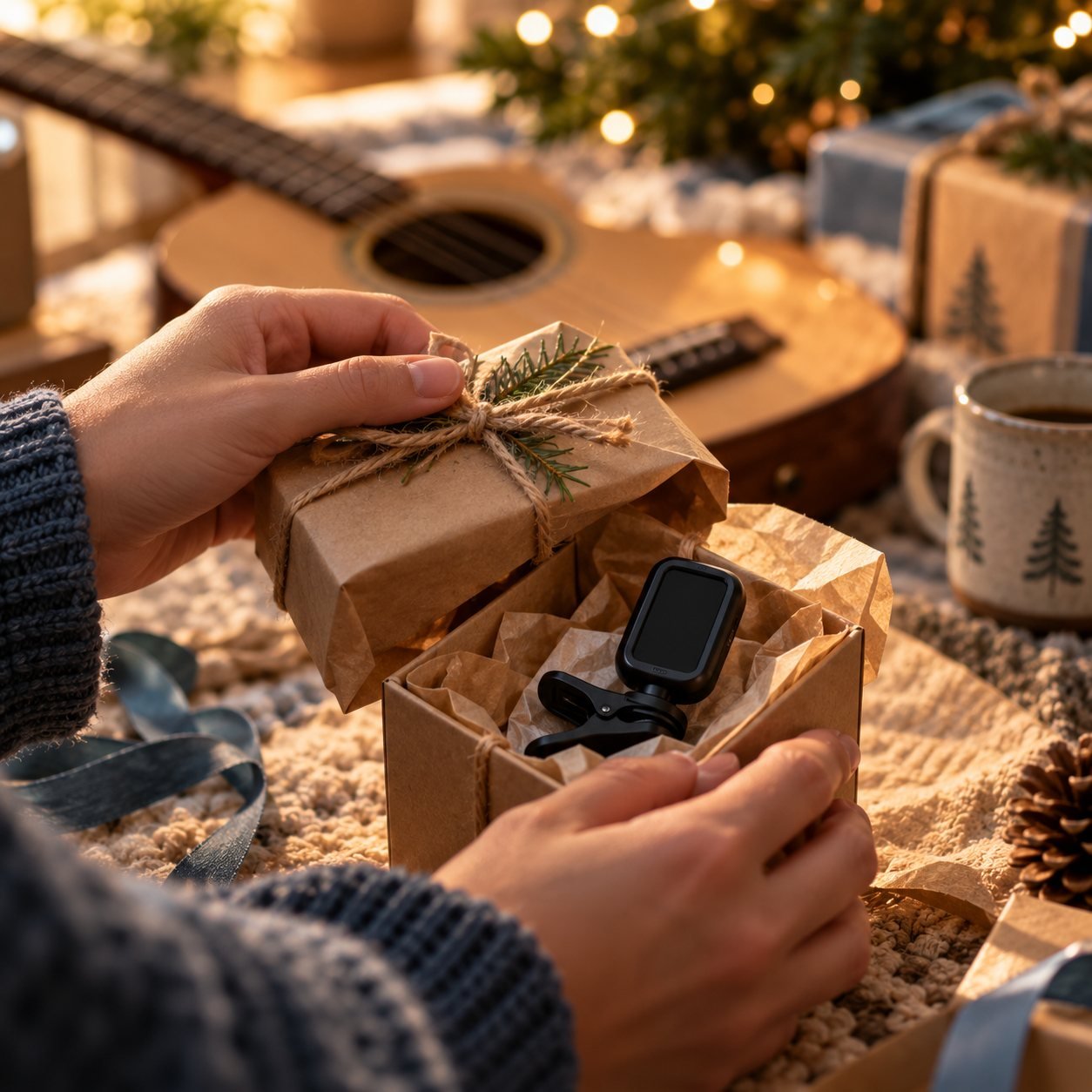 Manos envolviendo un pequeño regalo musical con papel kraft