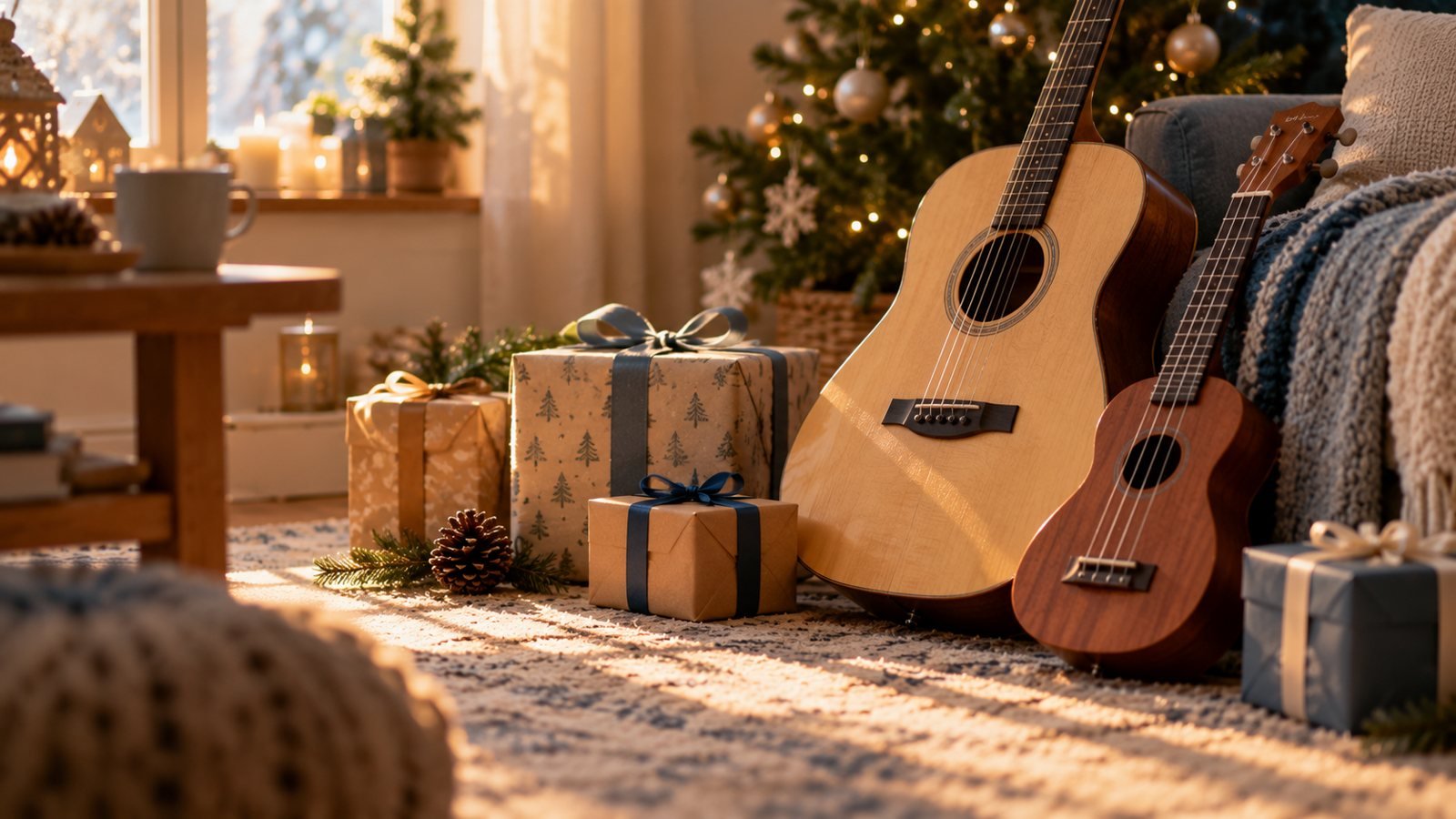 Guitarra acústica y ukelele junto a regalos y un árbol de Navidad