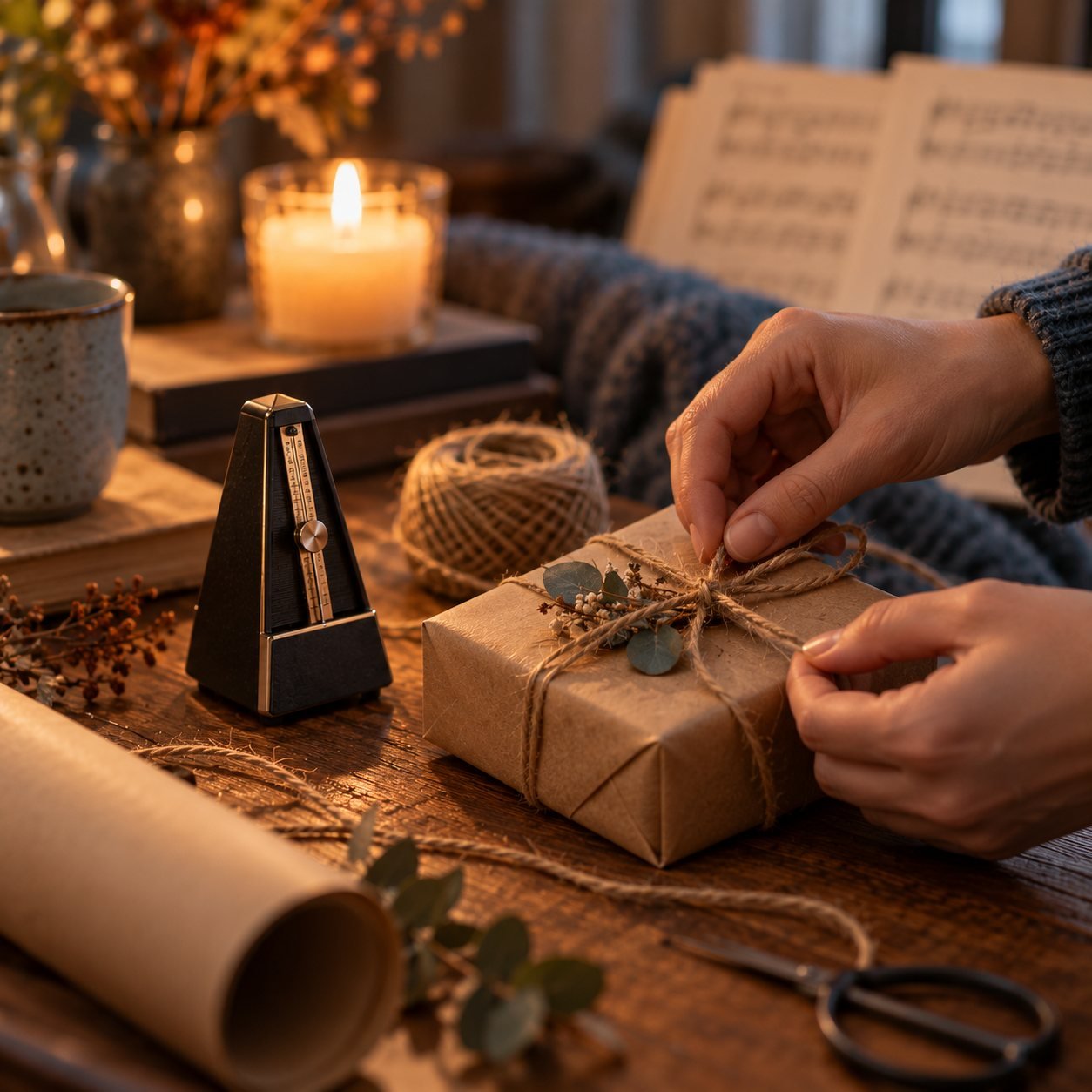 Manos envolviendo un metrónomo de bolsillo con papel kraft y cuerda junto a una vela