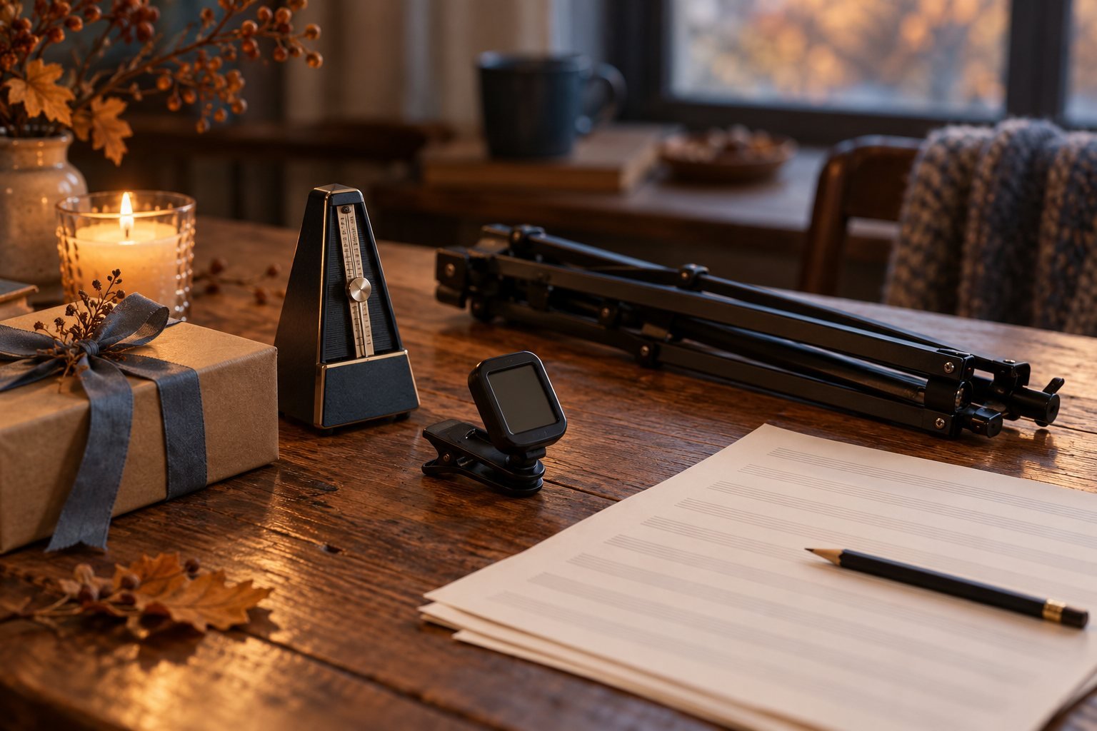 Metrónomo, afinador de clip, atril plegable y regalo con lazo junto a una vela en una mesa de madera