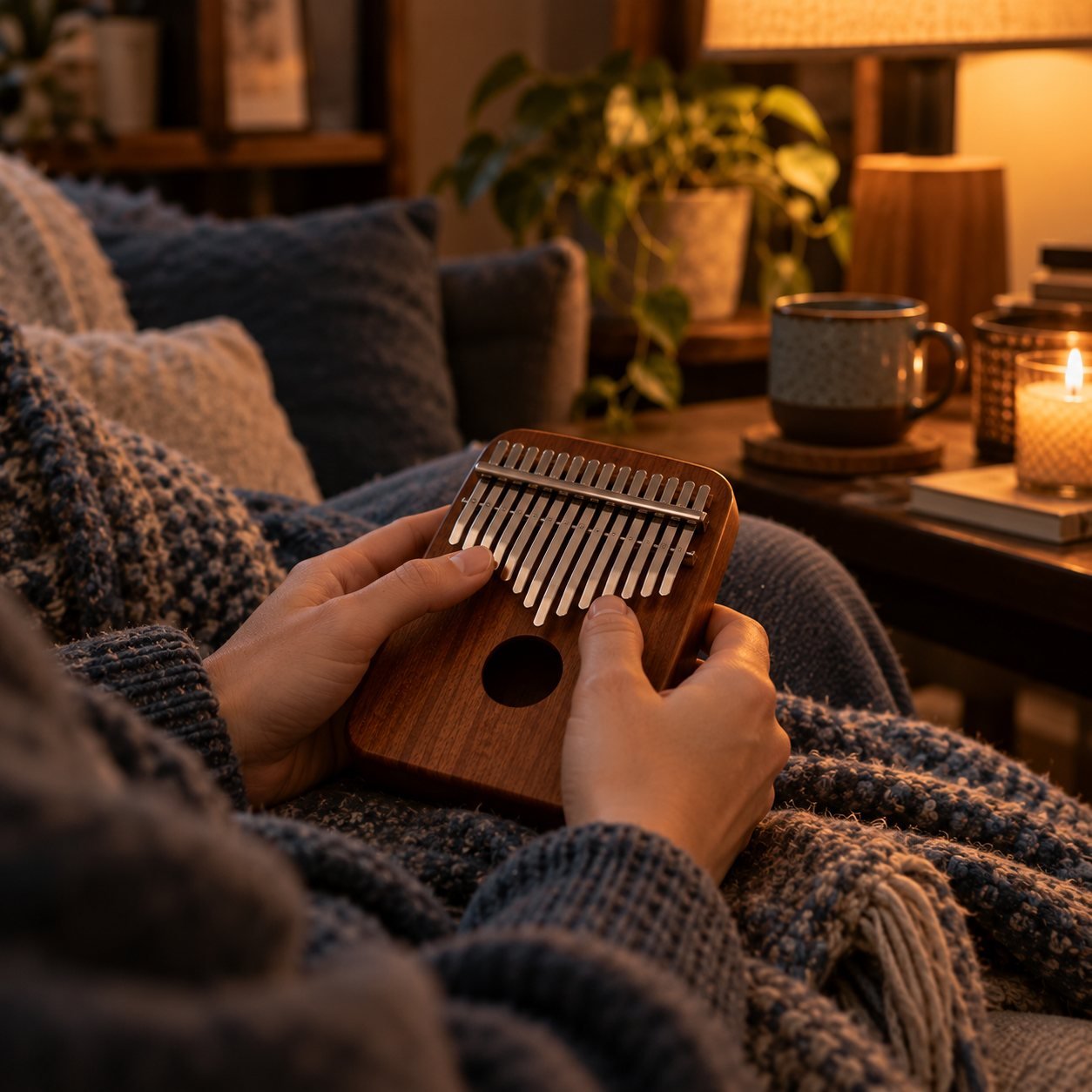 Manos con una kalimba envueltas en una manta junto a una lámpara cálida