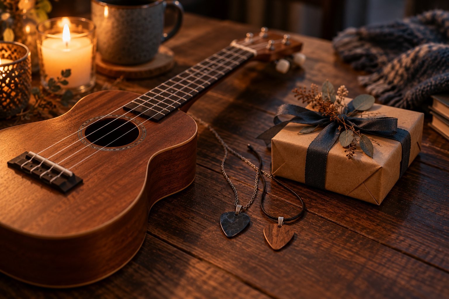 Ukelele, colgantes de púa y regalo con lazo junto a una vela sobre una mesa de madera