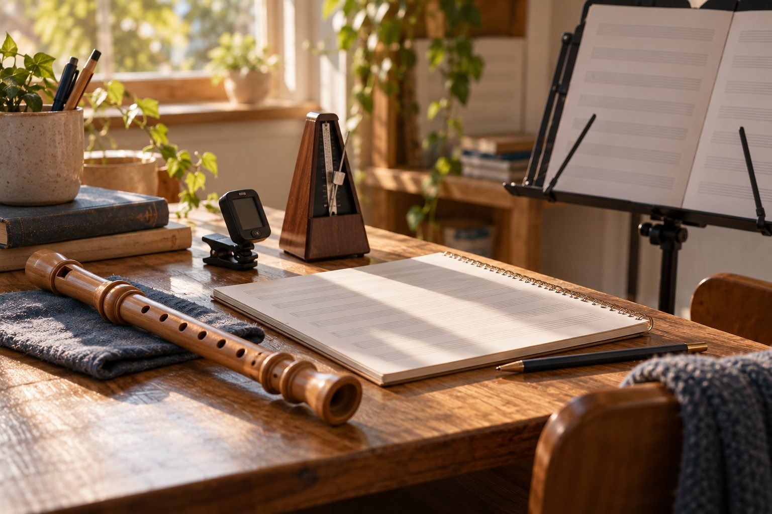 Mesa de música con flauta de madera, cuaderno de pentagrama, afinador, metrónomo y atril