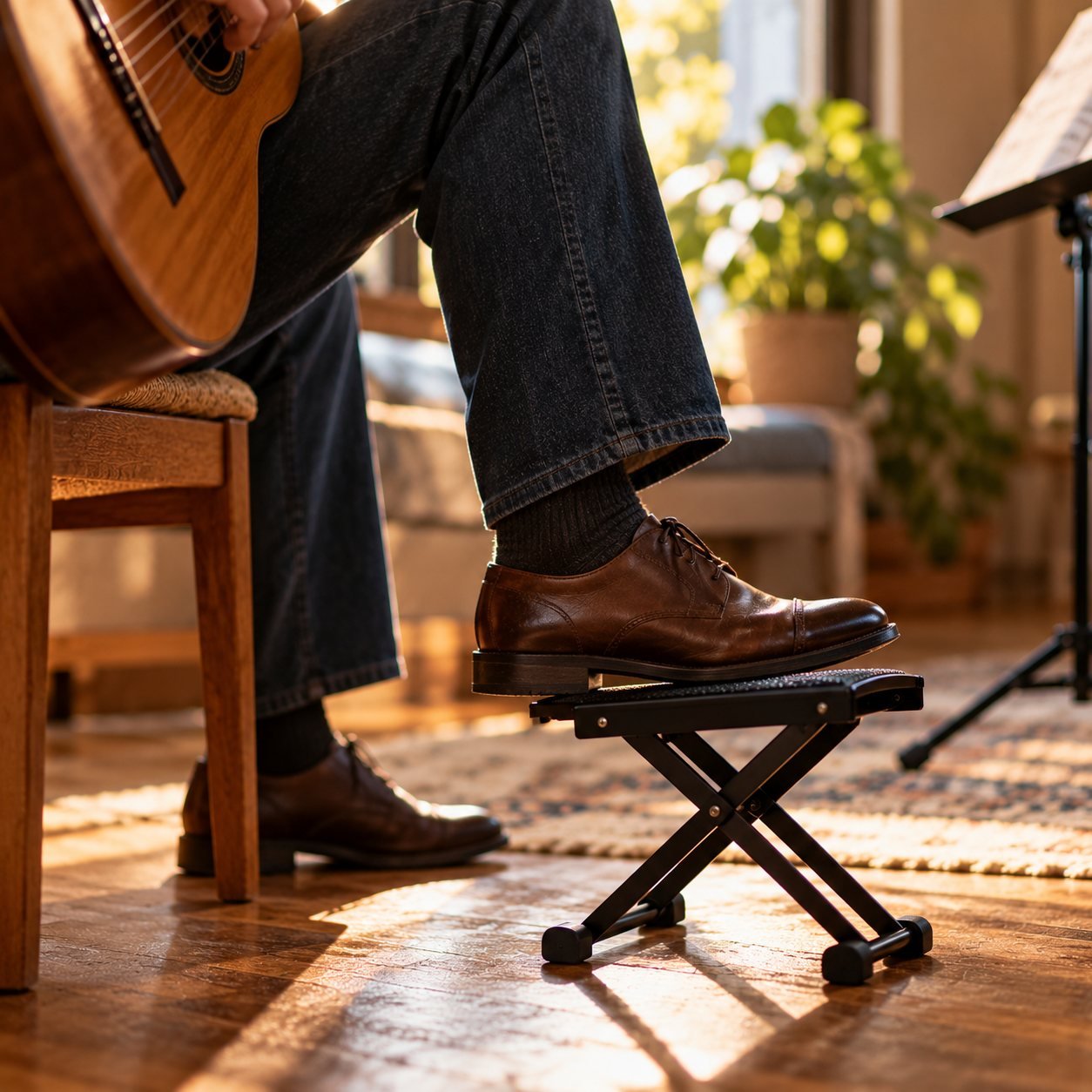Reposapiés ajustable junto al pie de un guitarrista clásico sentado
