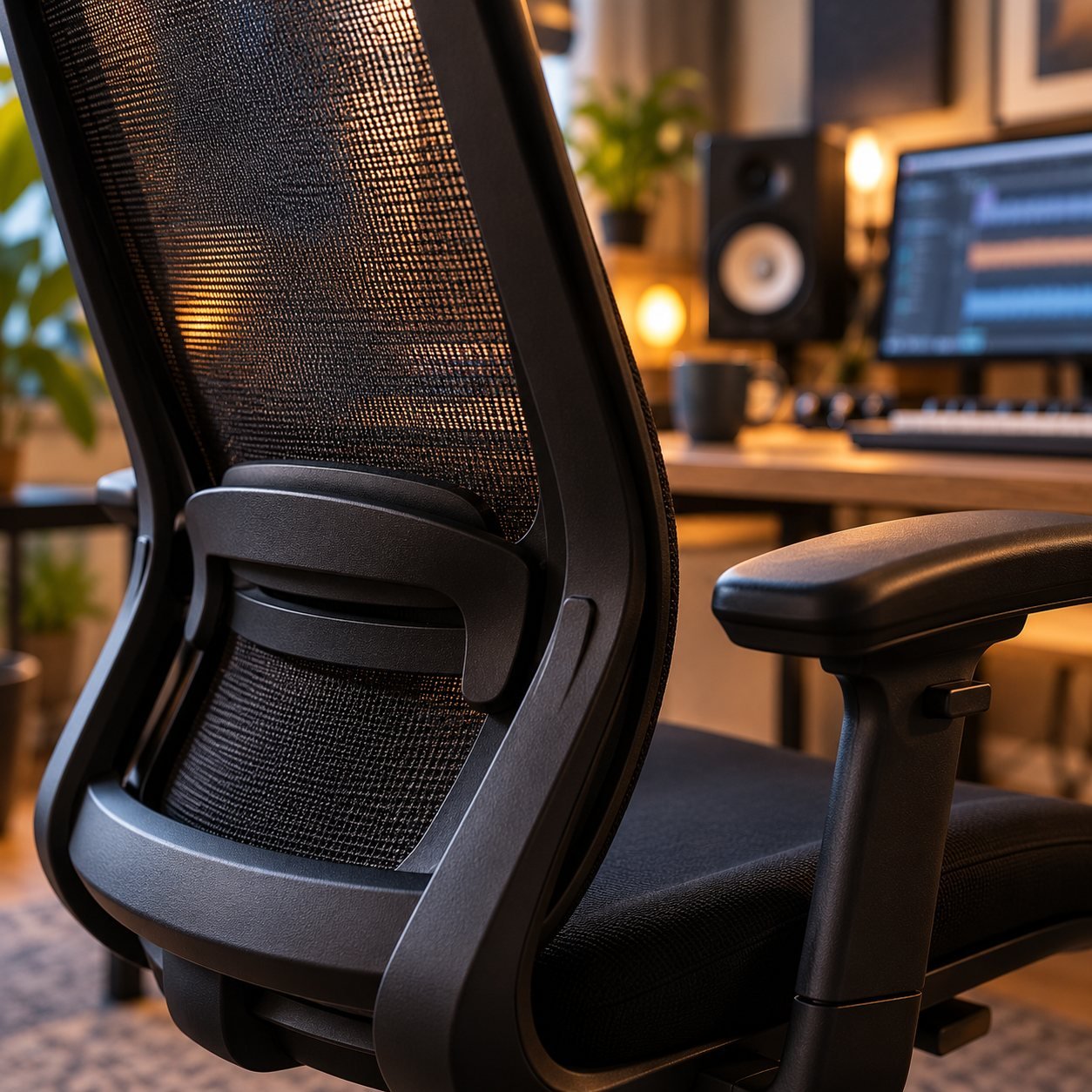 Detalle del respaldo de malla y el soporte lumbar de una silla de estudio