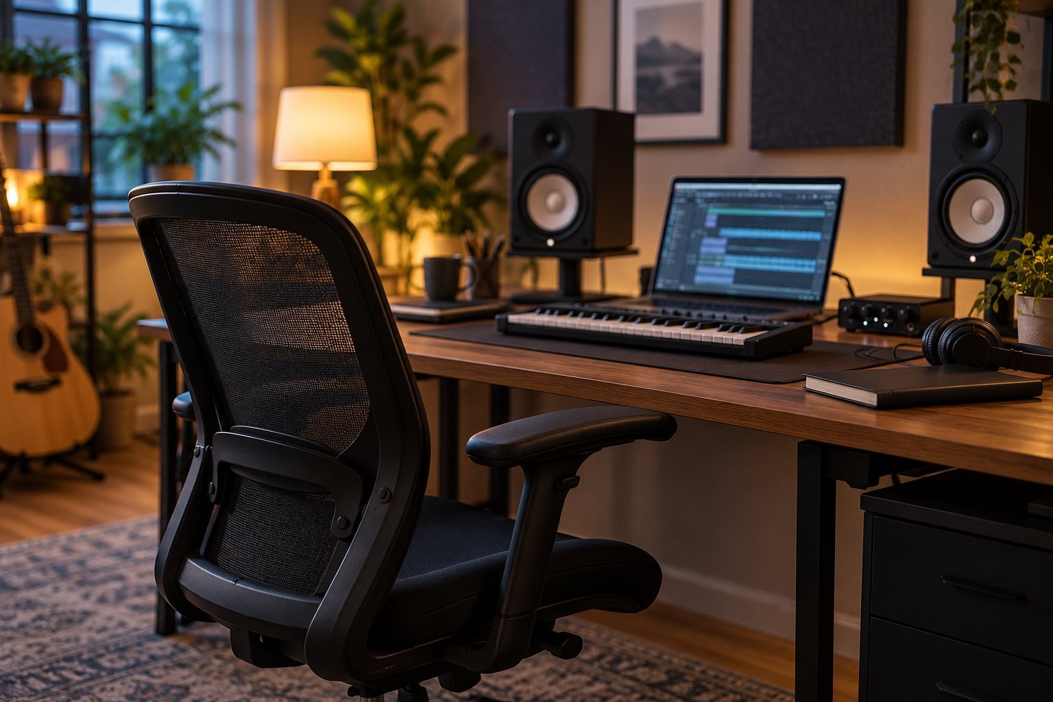 Silla ergonómica de malla ante un escritorio de home studio con monitores y teclado MIDI