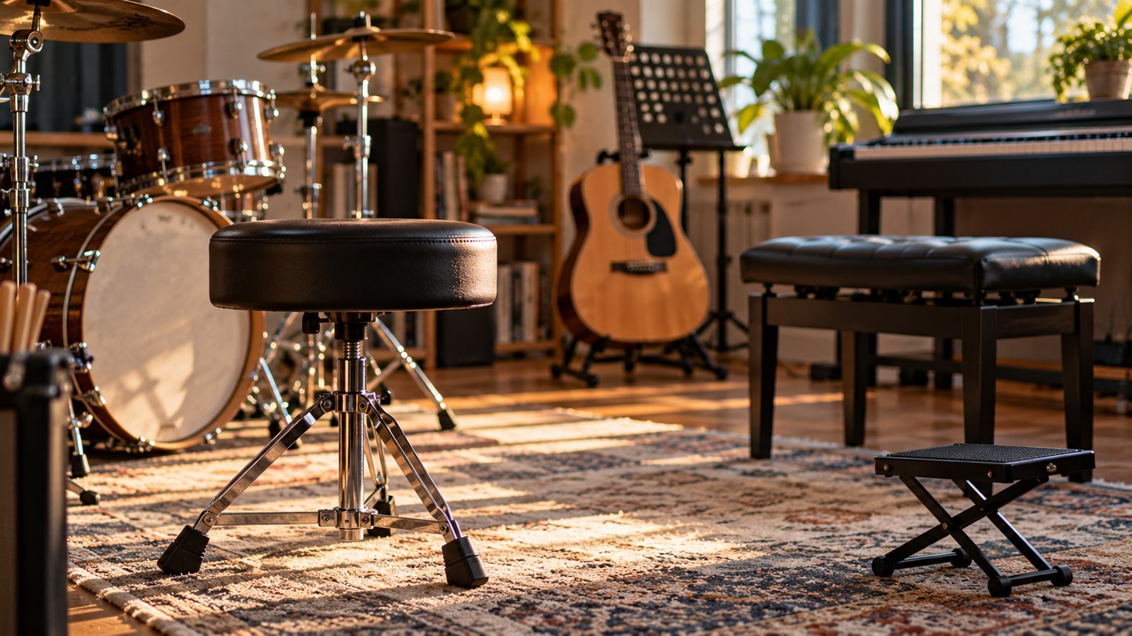 Taburete de batería, banco de piano y reposapiés de guitarra en una sala de música luminosa