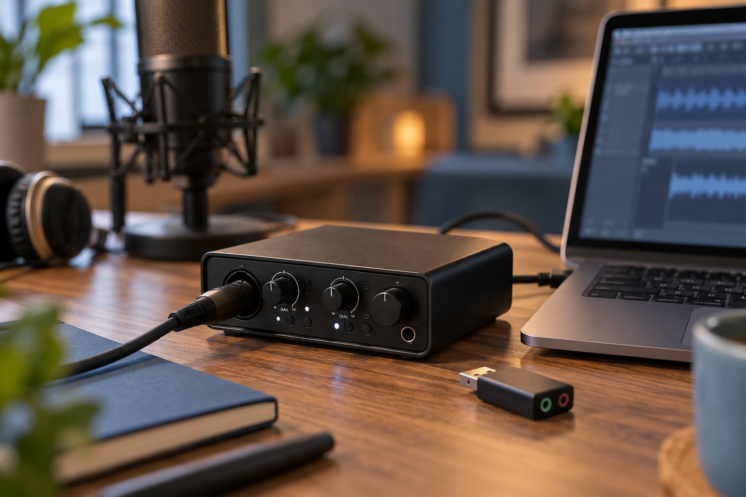 Interfaz de audio USB con cable XLR, micrófono de condensador y adaptador USB sobre un escritorio de home studio