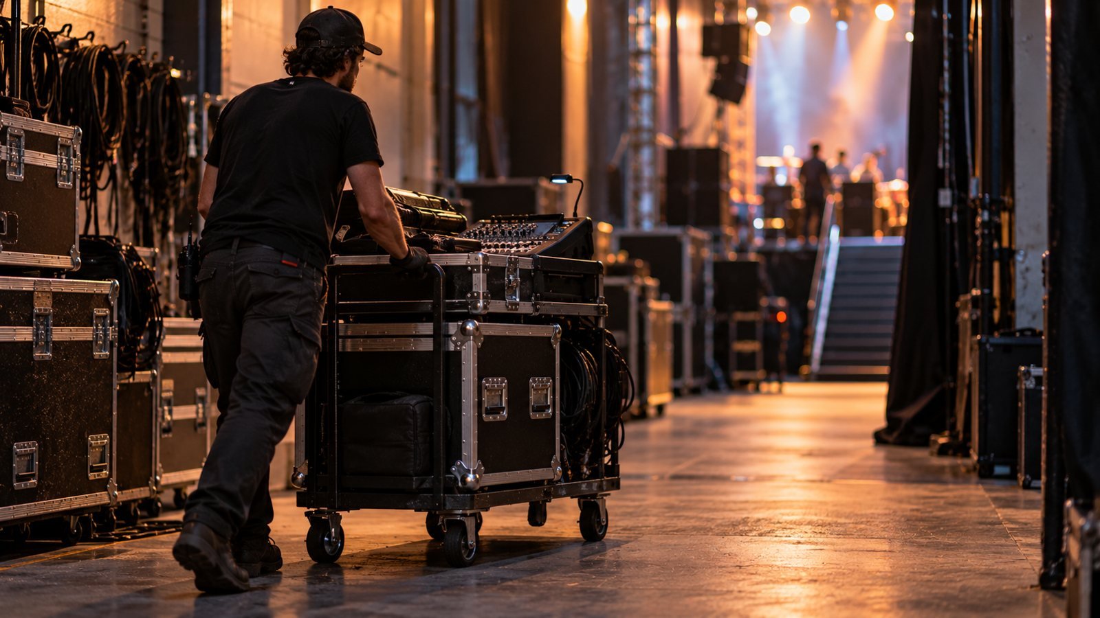 Técnico de sonido empujando un carro plegable con road cases por un pasillo de backstage