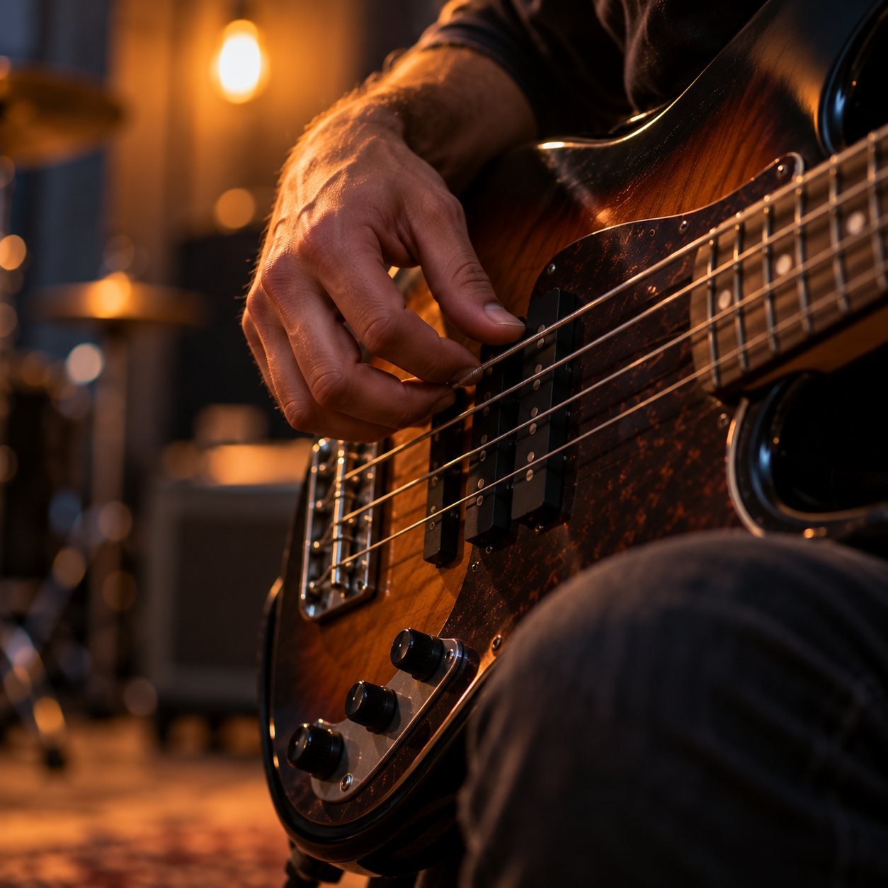 Mano tocando las cuerdas gruesas de un bajo eléctrico junto a las pastillas