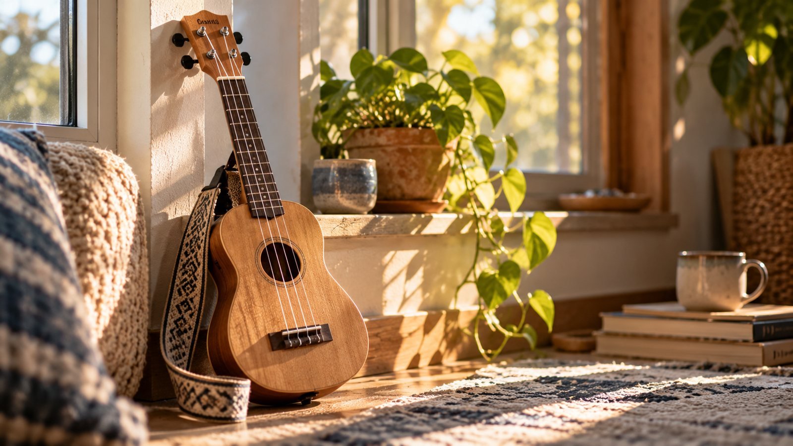 Ukelele soprano de madera clara apoyado en el alféizar de una ventana